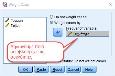 59 Ποιοτική με Ποιοτική Παράδειγμα VIΙ Επίλυση με SPSS μέθοδος 2 η Βάζουμε τρεις μεταβλητές (Γραμμή, Στήλη,