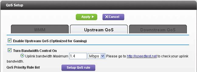 2. Επιλέξτε Setup > QoS Setup > Upstream QoS (Ρύθμιση > Ρύθμιση QoS > Αποστολή ροής QoS). 3. Επιλέξτε το πλαίσιο ελέγχου Turn Internet Access QoS On (Ενεργοποίηση του QoS πρόσβασης στο Internet). 4.