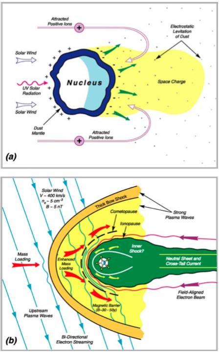 Figure 1. (a) Solar wind interaction with a bare nucleus at large heliospheric distances (d > 3 AU).