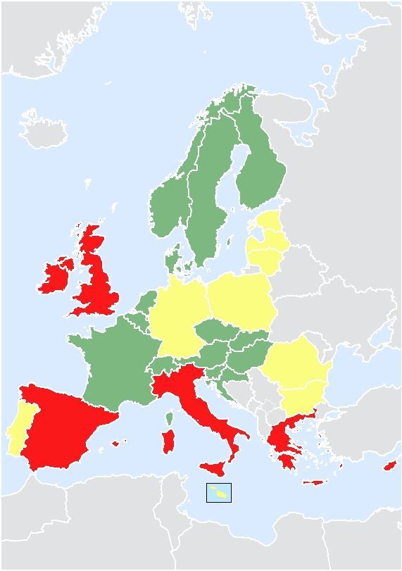 Χάρτης που δείχνει τη βαθμολογία των κρατών μελών, της Ελβετίας, και της Νορβηγίας όσον αφορά τα τρία όρια Πράσινο: καλύπτει και τα τρία όρια Κίτρινο: καλύπτει δύο από τα όρια Κόκκινο: καλύπτει ένα ή