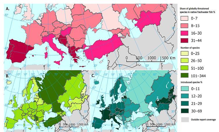 Χάρτης κατανομής των ψαριών των εσωτερικών υδάτων σε πανευρωπαϊκό επίπεδο Α) ποσοστό των απειλούμενων ειδών σε επίπεδο χώρας, Β) αριθμός