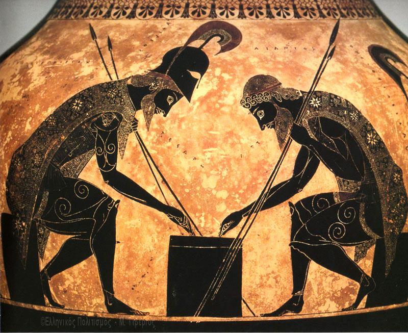 Ο Αχιλλέας και ο Αίαντας παίζοντας τους πεσσούς. π. 540 π.χ. Μελανόμορφα αγγεία Περίπου το 625 π.χ. στην Αθήνα με κορινθιακή επίδραση στο ύφος