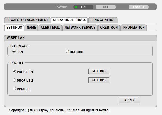 3. Πρακτικές Λειτουργίες NETWORK SETTINGS http://<διεύθυνση IP της Συσκευής Προβολής (Βασική)>/index.