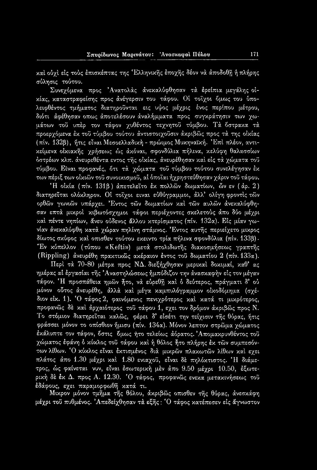 Έπί πλέον, αντικείμενα οικιακής χρήσεως ώς άκόναι, σφονδύλια πήλινα, κελύφη θαλασσίων όστρέων κλπ. άνευρεθέντα εντός τής οικίας, άνευρέθησαν καί εις τά χώματα τού τύμβου.