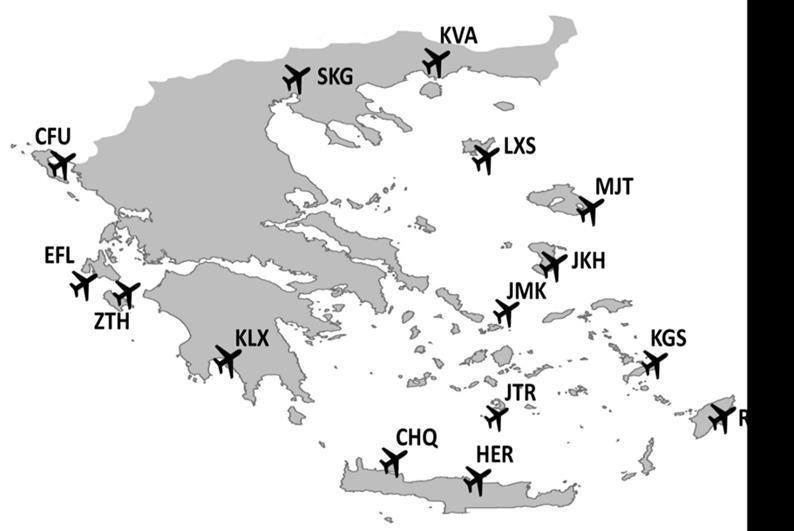 Εικόνα 5-4: Χάρτης της Ελλάδος με τα αεροδρόμια που συμπερηλήφθηκαν στη μελέτη.
