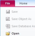 Άνοιγμα βάσης δεδομένων (Open) Για να ανοίξουμε μια υφιστάμενη βάση δεδομένων, εφόσον έχει ήδη ξεκινήσει η εφαρμογή, τότε: (1) Από την καρτέλα File επιλέγουμε την εντολή Open.