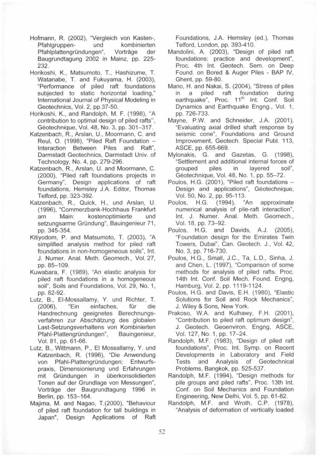 Hofmann, R. (2002), "Vergleich von Kasten-, Pfahlgruppen- und kombinierten Pfahlplattengrundungen", Vortrage der Baugrundtagung 2002 in Mainz, pp. 225-232. Horikoshi, K., Matsumoto, T., Hashizume, T.