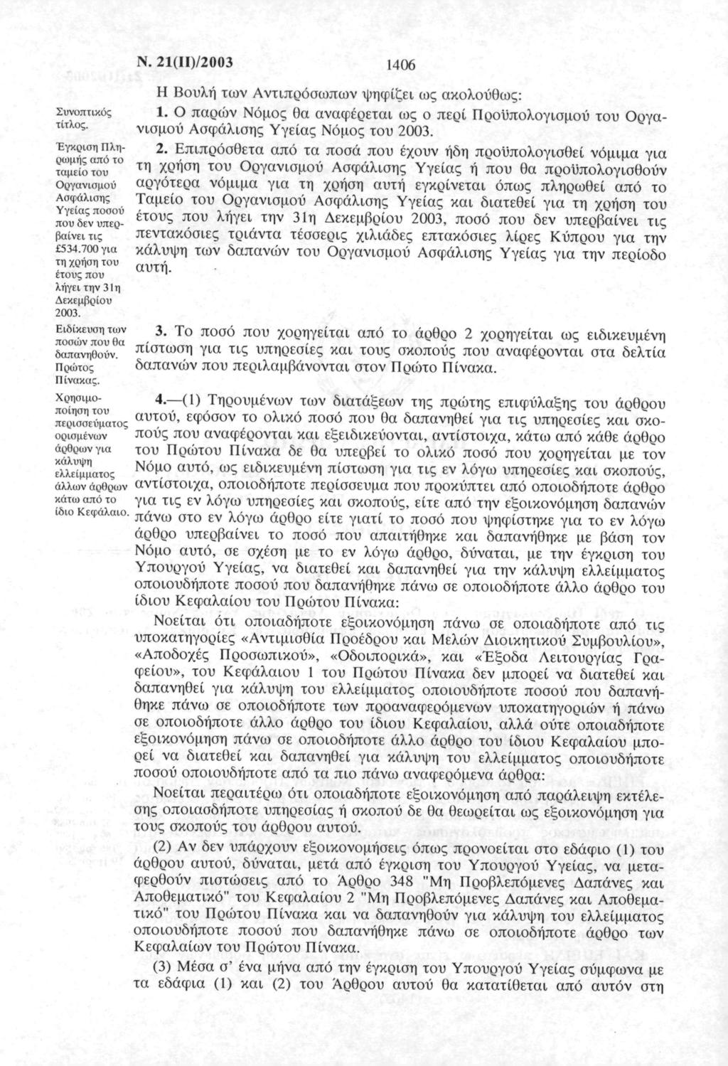1406 Ν. 1()/00 Συνπτκός ττλς. ρί Γ πόλτ?μμεηί?υτ ργνμύ Αφάλης JO&VKO βίνες 4.7 γ«"1 ΧΠ^Ί τν έτυς πυ λήγε την 1 η Δεκεμβρίυ 00. Η Βυλή τν Αντπρόπν ψηφίε ς κλύθς: 1.