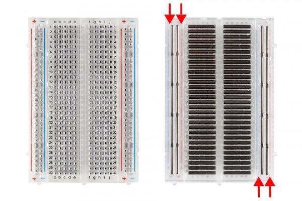 Εικ.1. Απεικόνιση ενός breadboard Οι στήλες που βρίσκονται στις άκρες του breadboard είναι οι γραμμές τροφοδοσίας. Συνήθως έχουν σαφείς ενδείξεις της πολικότητας.
