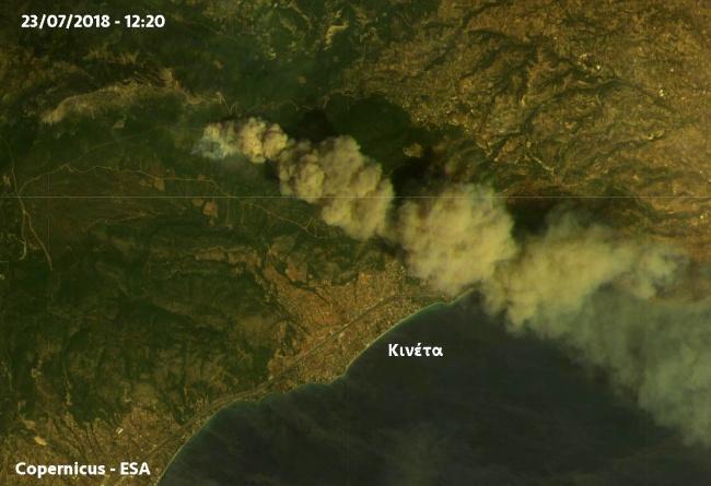 Δορυφορική εικόνα από τον Sentinel-2 (Πηγή: ΕΑΑ) Από το δίκτυο των αυτόματων μετεωρολογικών σταθμών του Εθνικού Αστεροσκοπείου Αθηνών, οι ριπές του ανέμου σε