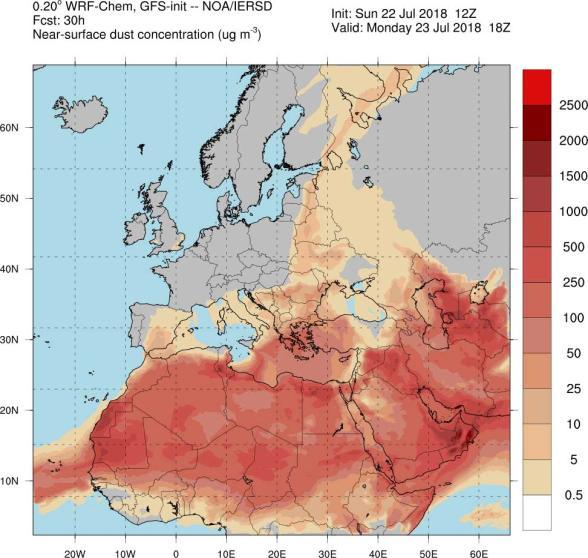 Συγκέντρωση σκόνης το απόγευμα της 23/07/2018 (Πηγή ΕΑΑ) Σε σχέση με τις οριακές τιμές: Κατά την διάρκεια του έτους 2018 τόσο ως προς τη μηνιαία, όσο και ως προς την ημερήσια μεταβολή των μετρούμενων