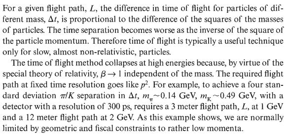 Partiticle separation by Time of Flight Μέτρηση χρόνου πτήσης (t) δύο σωματιδίων σε γνωστή απόσταση (L) δίνει τη διαφορά μαζών L = t*β/c = t*p/e = t *p/sqrt(p2+m2) = t/sqrt[1 + (m/p)2] Έστω ότι έχω