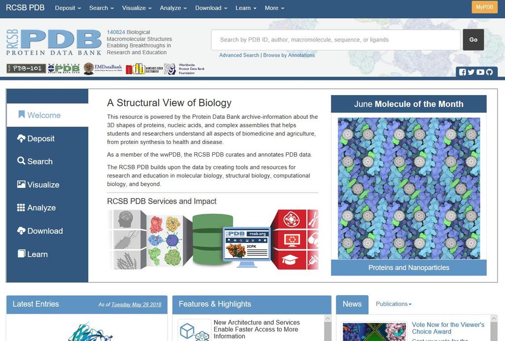 PDB Σε αντίθεση με το NCBI, η Protein Data Bank (PDB) περιέχει μόνο ένα τύπο μοριακών δεδομένων: μοριακές δομές των μορίων και, σε αυξανόμενο βαθμό, τα υποκείμενα σύνολα ακατέργαστων δεδομένων από τα