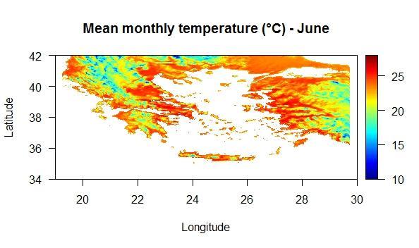 Σχήμα 5.6 : Μέση θερμοκρασία Ιουνίου (1971-2000).