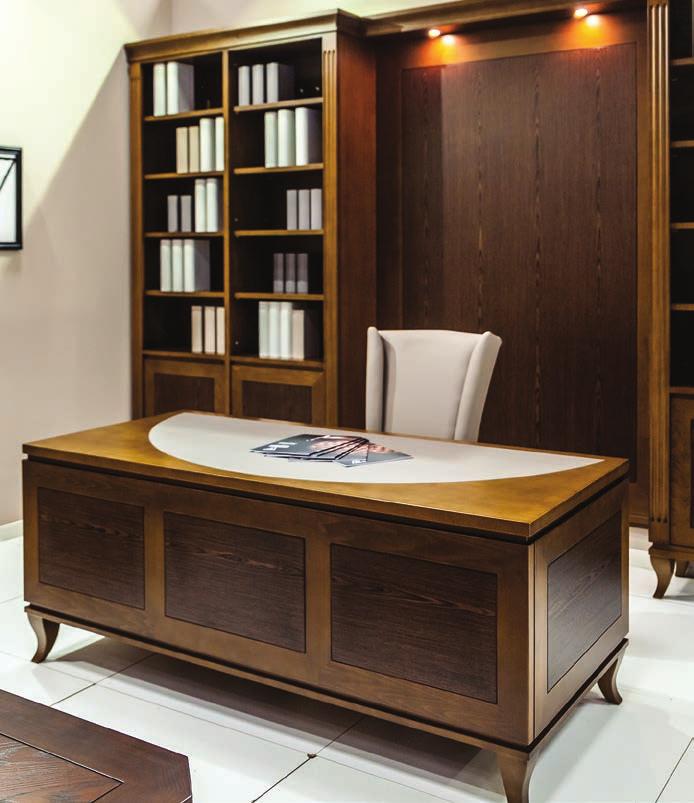 Το γραφείο Φοίβος είναι κατασκευασμένο από φυσικό ξύλο καρυδιάς, με διακοσμητικό μοτίβο από ξύλο βένγκε στην πρόσοψη και τεχνοτροπία απο