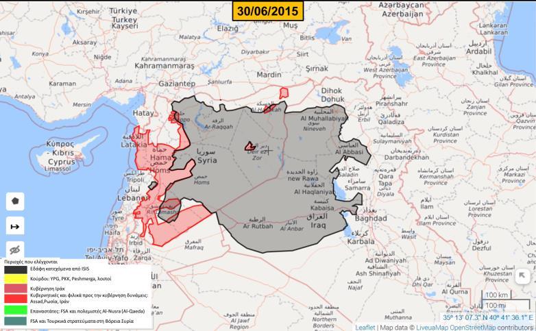 Α-2 Σχήμα Α-3: Επέκταση του ISIS με την 30/06/2015. Πηγή: «ISIS», Live Universal Awareness Map, διαθέσιμο στο https://isis.liveuamap.com/, (τελευταία πρόσβαση 24/03/2018).
