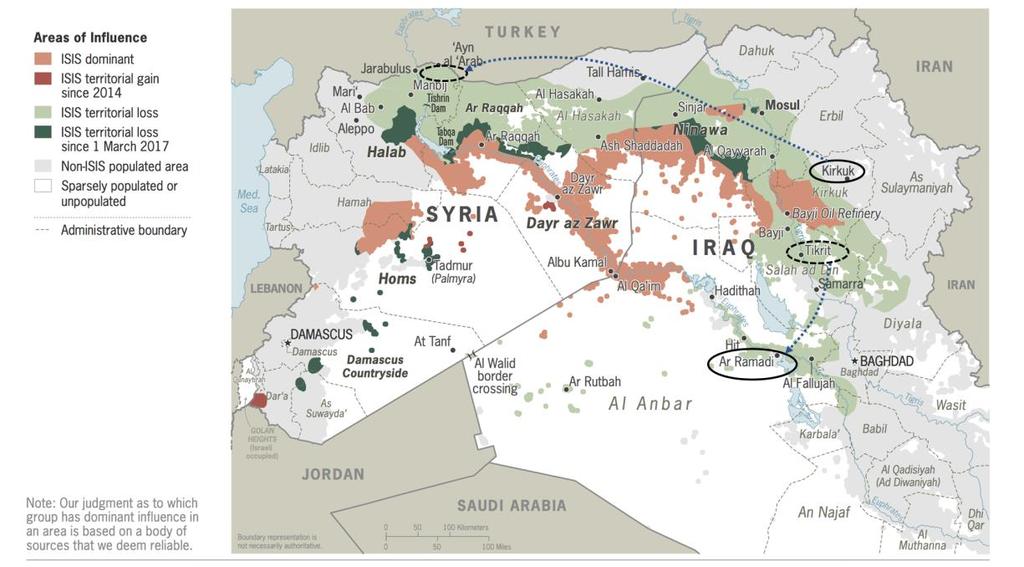 Α-9 Σχήμα Α-23: Περιοχή επιρροής ISIS (Μάιος 2017). Πηγή: «DAESH areas of Influence May 2017 Update», Global Coalition, 23/06/2017, διαθέσιμο στο http://theglobalcoalition.