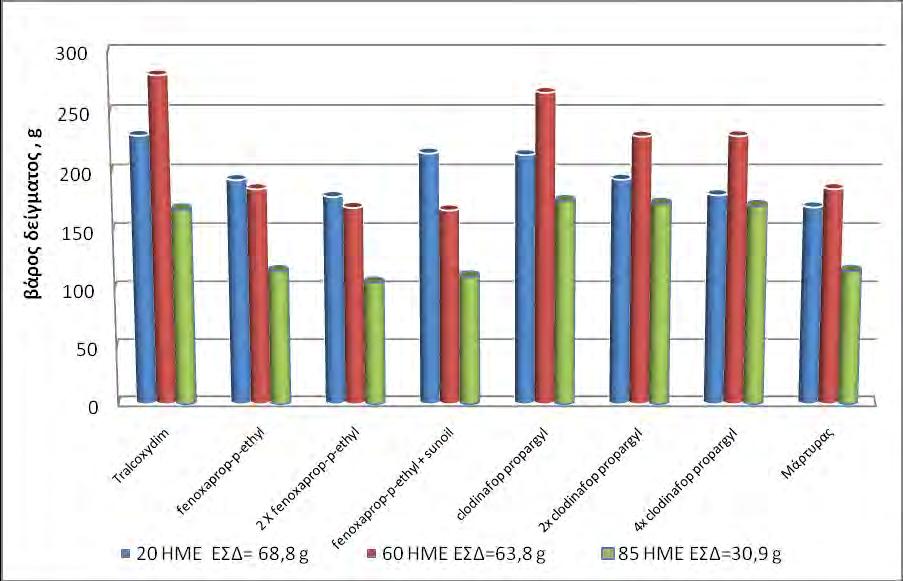 tralkoxydim (167.7 g) και του clodinafop propargyl (174.7, 172.4 και 170.5 g), όπως φαίνεται στο Σχ. 5. Σχ. 5. Οι μέσες τιμές του νωπού βάρους των φυτών σιταριού και ανά επέμβαση στο αγροτεμάχιο Β.