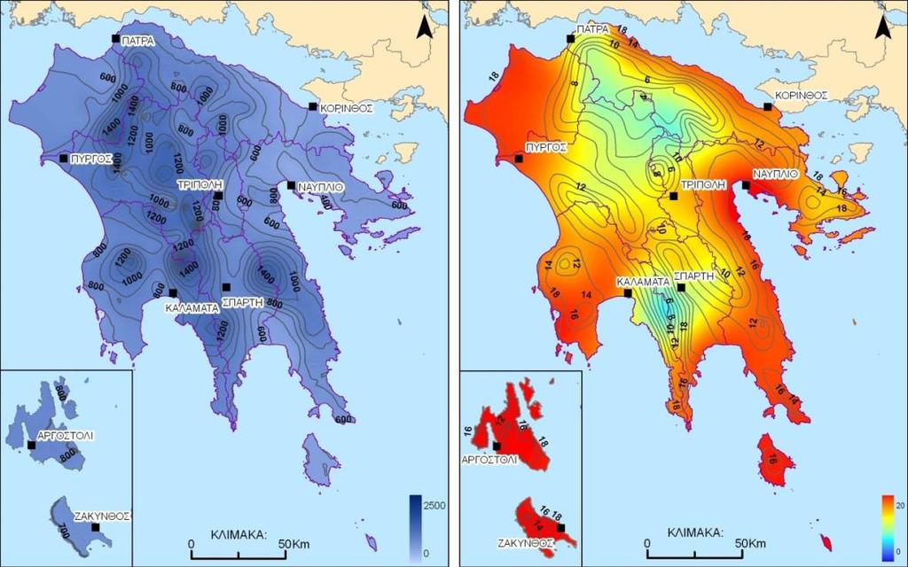 Εικόνα 6-2: Κατανομή της μέσης ετήσιας βροχόπτωσης και της μέσης ετήσιας θερμοκρασίας στην Πελοπόννησο.