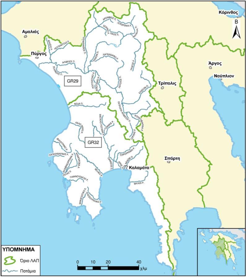 Εικόνα 1-6: Κυριότεροι ποταμοί Υδατικού Διαμερίσματος Δυτικής Πελοποννήσου (οδηγία 2000/60 ΕΚ) Λιμναία υδατικά συστήματα Αντίστοιχα στον παρακάτω πίνακα ( Πίνακας 1-4) παρουσιάζονται στοιχεία για τις