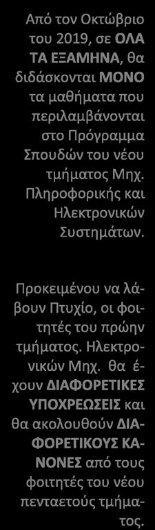 Από τον Οκτώβριο του 2019, σε ΟΛΑ ΤΑ ΕΞΑΜΗΝΑ, θα διδάσκονται ΜΟΝΟ τα μαθήματα που περιλαμβάνονται στο Πρόγραμμα Σπουδών του νέου τμήματος Μηχ. Πληροφορικής και Ηλεκτρονικών Συστημάτων.