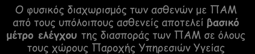 Φυσικός διαχωρισμός ασθενών Ο φυσικός διαχωρισμός των ασθενών με λοίμωξη ή αποικισμό από πολυανθεκτικά παθογόνα, από τους ασθενείς που δεν είναι αποικισμένοι είναι επιβεβλημένος για τον έλεγχο της