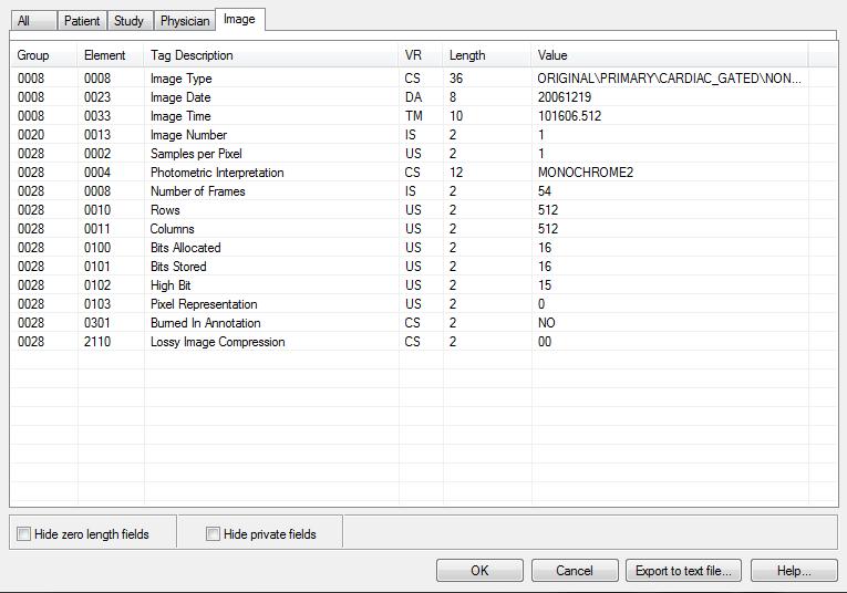 Εικόνα 9: Δεδομένα τα οποία σχετίζονται με την ακριβή περιγραφή της εικόνας 22 Εικόνα 10: Το σύνολο των δεδομένων ενός DICOM αρχείου Για τις περισσότερες εικόνες