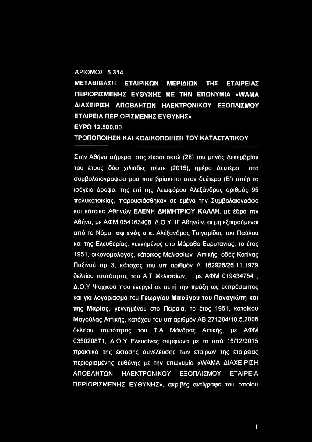 βρίσκεται στον δεύτερο (Β1) υπέρ το ισόγειο όροφο, της επί της Λεωφόρου Αλεξάνδρας αριθμός 95 πολυκατοικίας, παρουσιάσθηκαν σε εμένα την Συμβολαιογράφο και κάτοικο Αθηνών ΕΛΕΝΗ ΔΗΜΗΤΡΙΟΥ ΚΑΛΛΗ, με