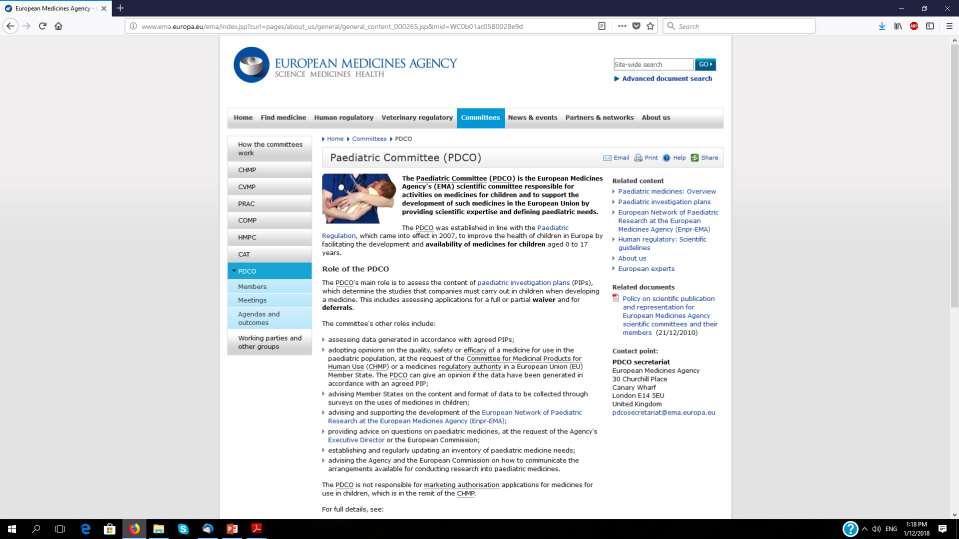 The Paediatric Committee (PDCO) is the European Medicines Agency s (EMA) scientific committee responsible for activities on medicines for children and to support the development of such medicines in