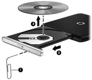 Η θήκη οπτικού δίσκου δεν ανοίγει προκειµένου να αφαιρεθεί ένα CD, DVD ή BD 1. Τοποθετήστε την άκρη ενός συνδετήρα (1) στην υποδοχή απελευθέρωσης στην πρόσοψη της µονάδας δίσκου. 2.