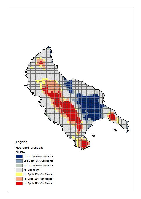Χάρτης 3. Συνθετικός χάρτης ανάλυσης Hot Spot για τη διατήρηση της βιοποικιλότητας Ορχεοειδών στη Νήσο Ζάκυνθο.