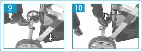 9. To engage the brake, push down the back brake bar. 10. To release, push down the front brake bar. 9.