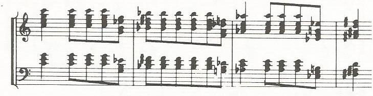 Pour le piano: μείξη αυξημένων συγχορδιών εισαχθείσα με μια ντο+ Β) Τονική μείξη : παράλληλη κίνηση συνηχήσεων,