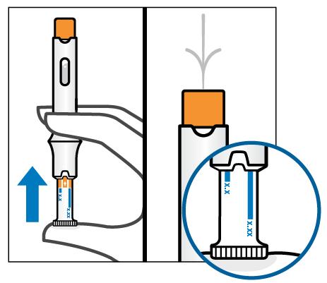 Μετακινήστε με ελαφρά χτυπήματα τις φυσαλίδες προς τα πάνω Κρατήστε την προγεμισμένη συσκευή τύπου πένας σε όρθια θέση με το μπλέ κάλυμμα να δείχνει προς τα επάνω.