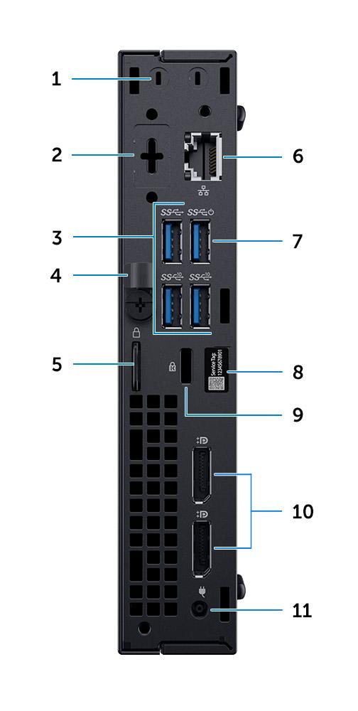 Πίσω όψη 1. Σύνδεσμοι εξωτερικής κεραίας SMA (προαιρετικά) 2. DisplayPort / HDMI 2.0b / VGA / USB Type-C Alt-Mode (προαιρετικά) 3. Θύρες USB 3.1 Gen 2 (2) και USB 3.1 Gen 1 (1 - στο επάνω μέρος) 4.