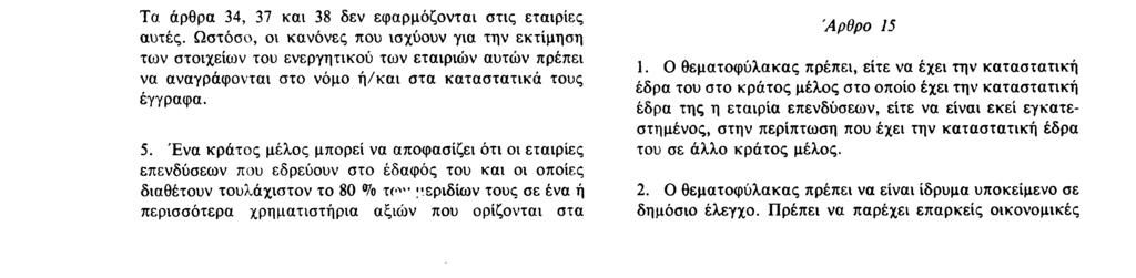 Αριθ L 375/6 Επίσημη Εφημερίδα των Ευρωπαϊκών Κοινοτήτων 31 12 85 ΤΜΗΜΑ IV Υποχρεώσεις σχετικά με τη διάρθρωση των εταιριών επενδύσεων και τον θεματοφύλακά τους Άρθρο 12 Τα κράτη μέλη καθορίζουν τη