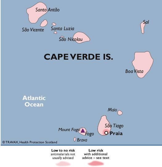 Στο : http://www.fitfortravel.nhs.uk/destinations/africa/cape-verde/cape-verde-malaria-map.aspx Ο κίνδυνος για τους ταξιδιώτες σύμφωνα με τον ΠΟΥ θεωρείται πολύ χαμηλός.