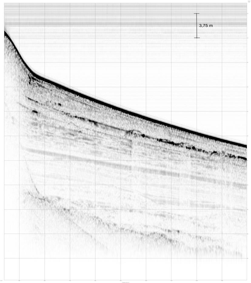 Εικόνα 4.1: Τομογραφία με εντοπισμό πιθανού κανονικού ενεργού ρήγματος. Η Μπλε γραμμή δείχνει το σημείο που βρίσκεται το ρήγμα. Εικόνα 4.