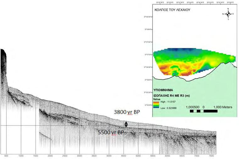 Στην παραπάνω τομογραφία παρατηρείται το πρώτο στρώμα που αποτίθεται 6000 yr BP όπου χαρακτηρίζεται ως ένας φακοειδής σχηματισμός, ο οποίος επαληθεύετε από τον χάρτη ισοπαχών όπου βλέπουμε την