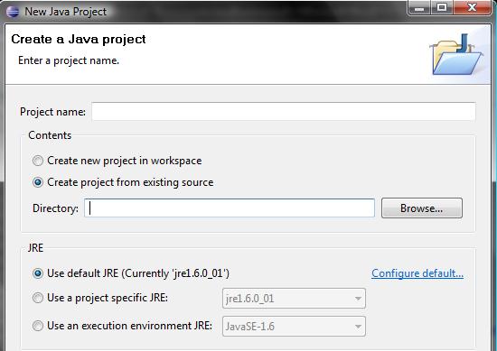 Πηγαίνοντας λοιπόν στο File New Java Project εμφανίζεται η παρακάτω οθόνη Επιλέγουμε Create project from existing source και από κάτω εισάγουμε την διαδρομή που βρίσκονται τα αρχεία της εργασίας.