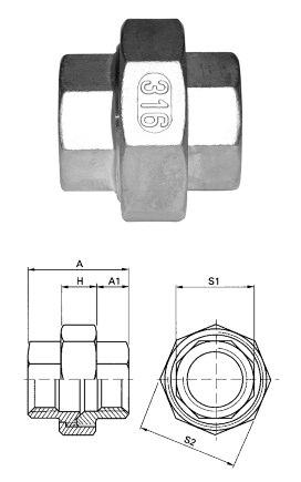 Βιδωτά εξαρτήματα ΣΩΛΗΝΑ 62-1106 Ρακόρ, μέσα-μέσα βόλτα (F/F), Ανοξείδωτο AISI 316 Union (F/F), St Steel AISI 316 Size Spec.