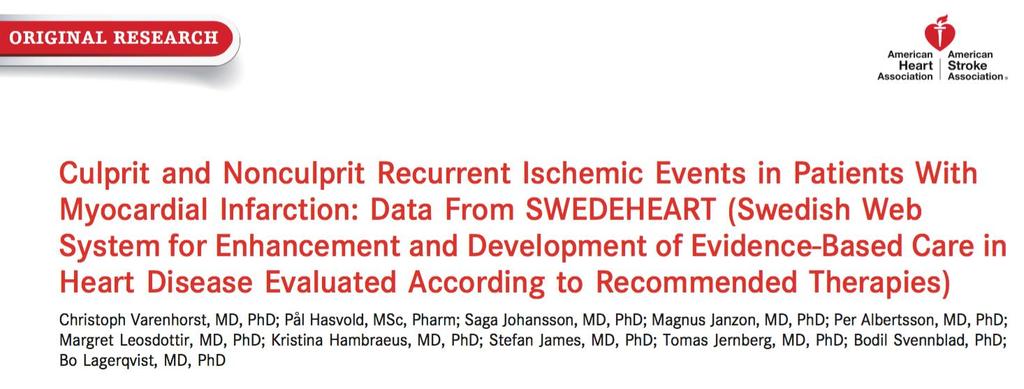 Culprit vs Non-Culprit PRECLUDE MI Trial Culprit and Nonculprit Recurrent Ischemic Events in Patients With Myocardial Infarction: Data From SWEDEHEART (Swedish Web System for Enhancement and