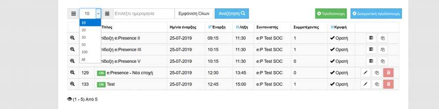 Ο Συντονιστής μπορεί να καθορίζει πόσες τηλεδιασκέψεις θα εμφανίζονται ανά σελίδα (10, 20,