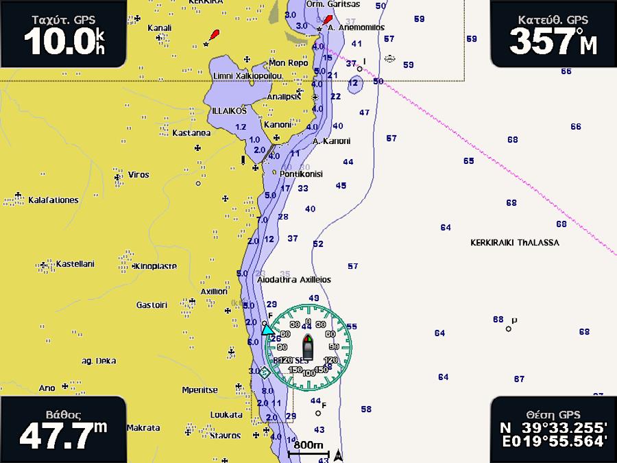 Χάρτες και προβολές 3D χαρτών Προβολή και διαμόρφωση κυκλικών γραφημάτων Στο χάρτη πλοήγησης ή στο χάρτη ψαρέματος, μπορείτε να εμφανίσετε ένα κυκλικό γράφημα πυξίδας ➊ γύρω από το σκάφος σας, το