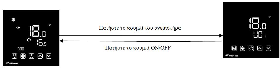 1.4 Έλεγχος κατάστασης Πατήστε το κουμπί του ανεμιστήρα για να μπείτε στο μενού ελέγχου κατάστασης. 1) Στο κυρίως μενού πατήστε το κουμπί του ανεμιστήρα για να μπείτε στο μενού ελέγχου κατάστασης.