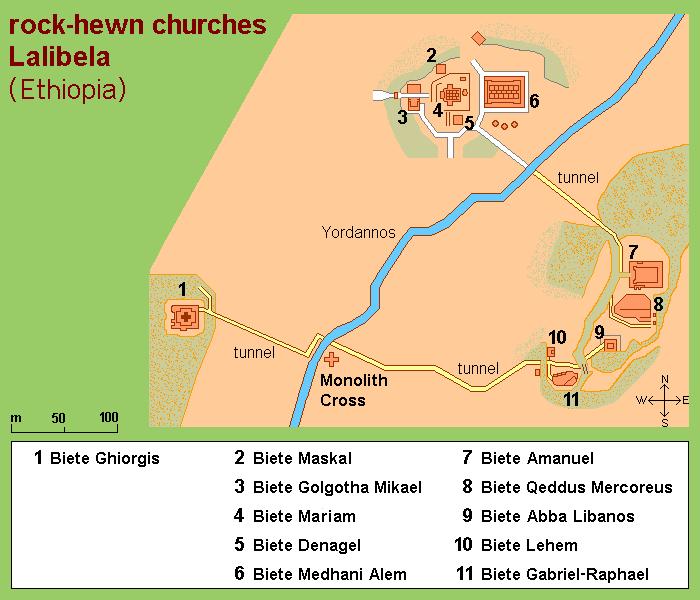 Οι 11 Μονολιθικοί Ναοί της Λαλιμπέλα 1. Ναός Αγίου Γεωργίου (Αμχαρικά: Bet Giyorgis) 2. Ναός Μεγάλης Παναγίας (Αμχαρικά: Bet Maryam) 3. Ναός Γολγοθά (Αμχαρικά: Bet Golgotha) 4.