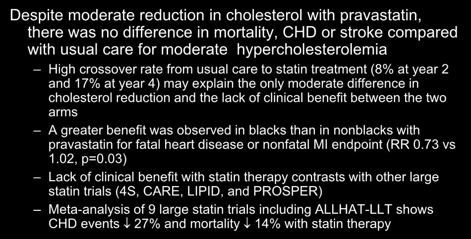 ALLHAT- LLT: Summary Despite moderate reduction in cholesterol with pravastatin, there was no difference in mortality, CHD or stroke compared with usual care for moderate hypercholesterolemia High