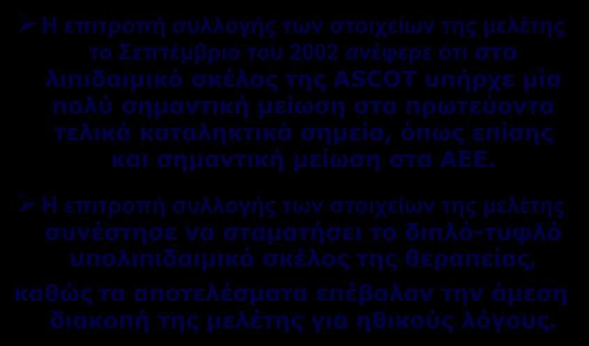 ASCOT LLA Η επιτροπή συλλογής των στοιχείων της μελέτης το Σεπτέμβριο του 2002 ανέφερε ότι στο λιπιδαιμικό σκέλος της ASCOT