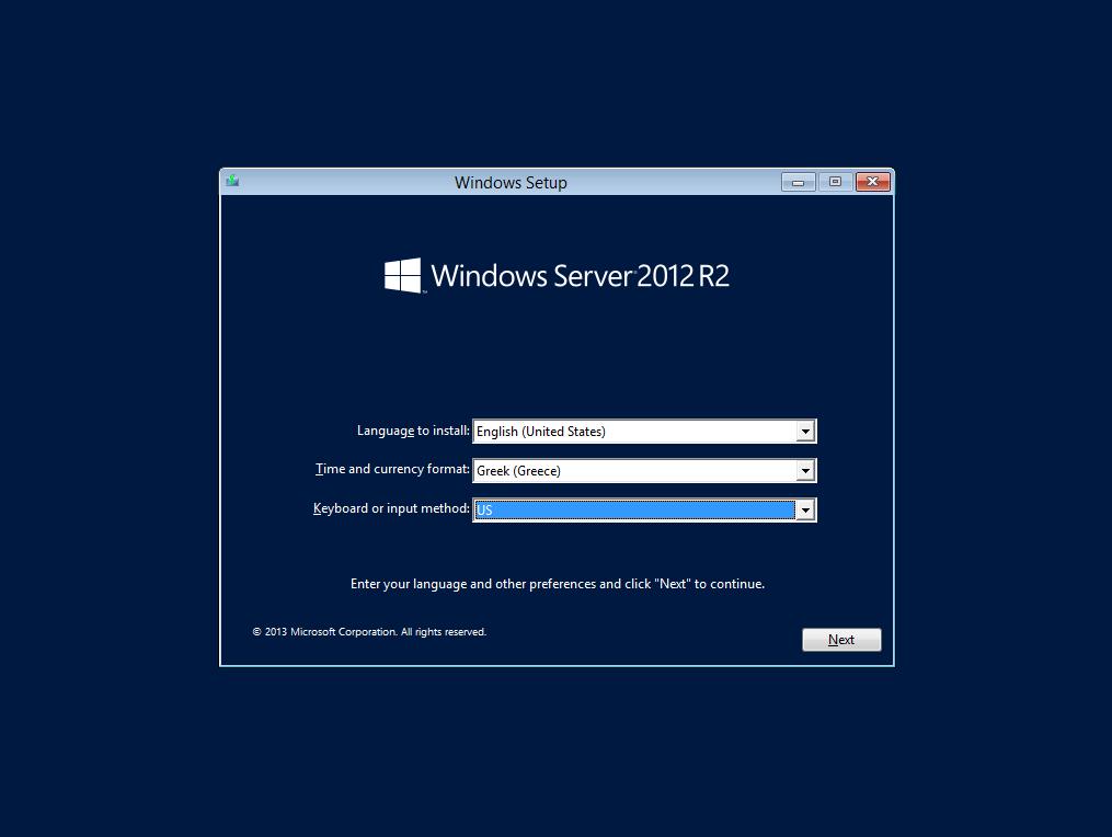 Windows/2012/Server Client/Εγκατάσταση εξυπηρετητή 7 Ρύθμιση γλώσσας Κατά την αρχική εγκατάσταση ζητείται η ρύθμιση των Time and currency format, διαλέξτε Greek