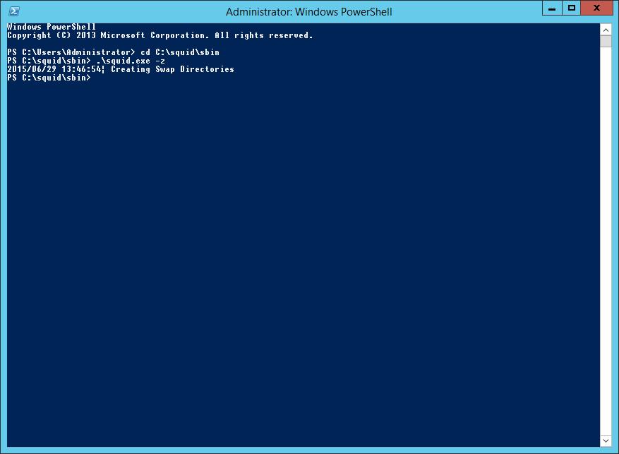 Windows/2012/Server Client/Προχωρημένα/Squid 118 Δημιουργούμε το φάκελο cache Στη συνέχεια μέσα από το Command Prompt ή το PowerShell πληκτρολογούμε